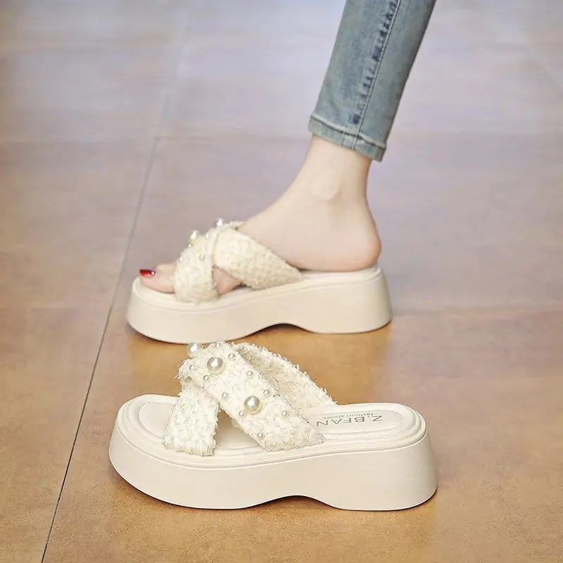 Elevated Platform Slippers Women's Summer Outdoor Wear Pearl Decorated Beautiful Match Skirts Thick Bottom Sandals