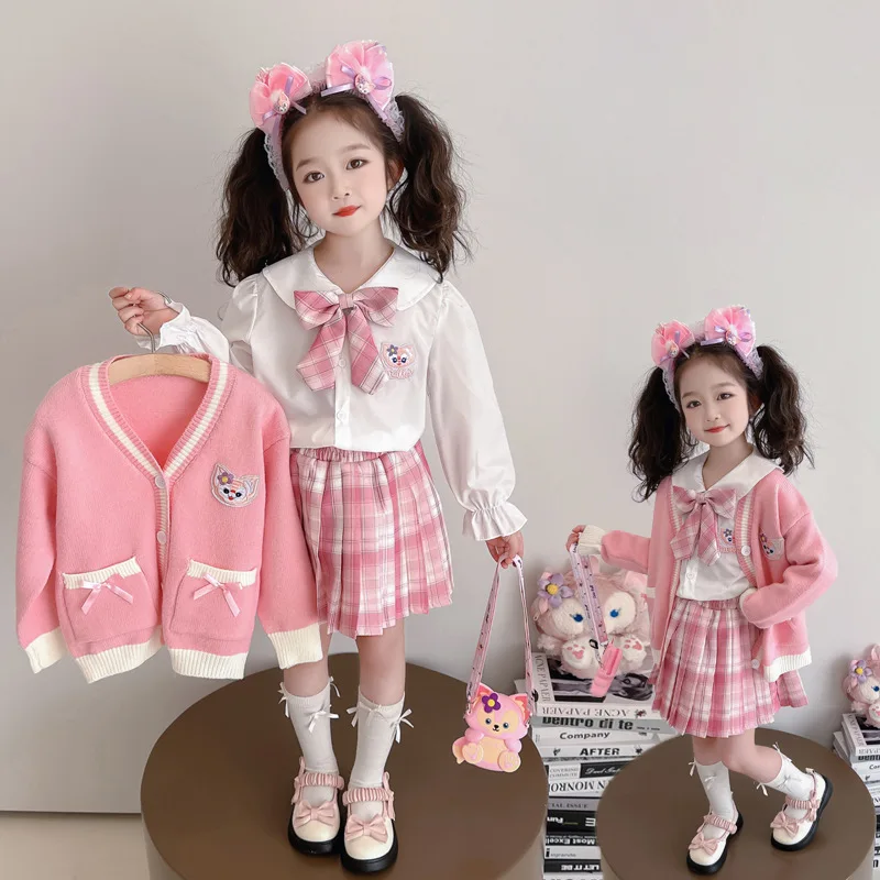 

Cute Disney Linabell Princess Sweater Cardigan Shirt Pleated Skirt Suit 2026 Spring Fashion Sweater Children Preppy Style Set