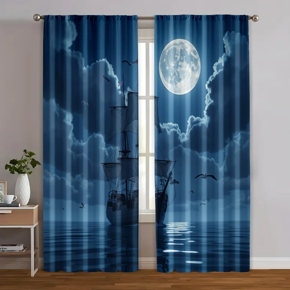 

2pcs, Curtain Popular Moonlight pirate ship Versatile Fabric (without rod) Outdoor Decorations Perfect for Bedroom & Living Room