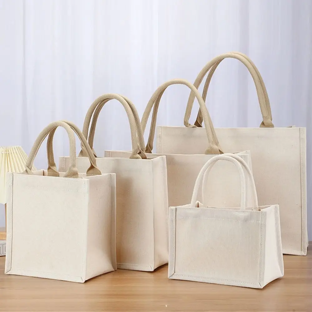 DIY Reusable Hand Drawn Canvas Bag Reusable Large Capacity Foldable Shopping Bag Beige Daily Commutting Blank Tote Sack