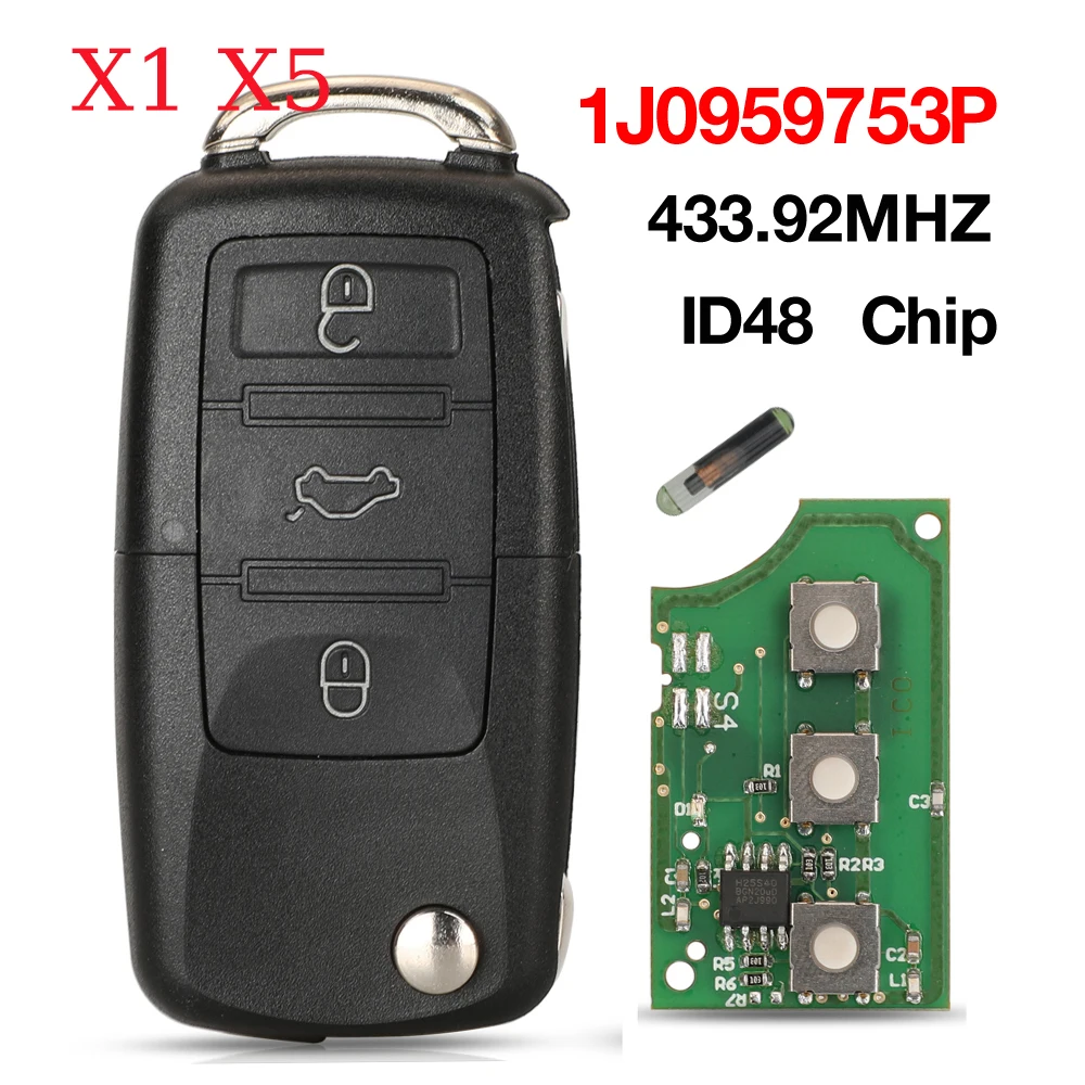 

Jingyuqin x1 x5 1J0959753P Remote Control Car Key For Volkswagen VW Beetle Golf Jetta Passat 2011-2015 434MHz ID48 Flip