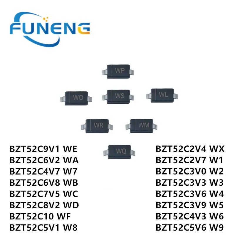 200Pcs SMD Zener Diode BZT52C3V3 W3 BZT52C5V1 W8 BZT52C5V6 W9 BZT52C6V2 WA BZT52C4V3 W6 BZT52C7V5 WC BZT523V9 W5 WD SOD-123