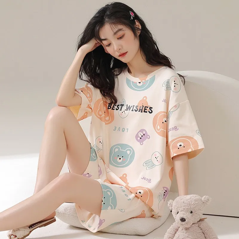 Bear Cartoon Homewear For Women Summer Cotton Homewear Short Sleeves Sleeping Top Shorts 2Pcs/set Loungewear Mujer Pyjamas