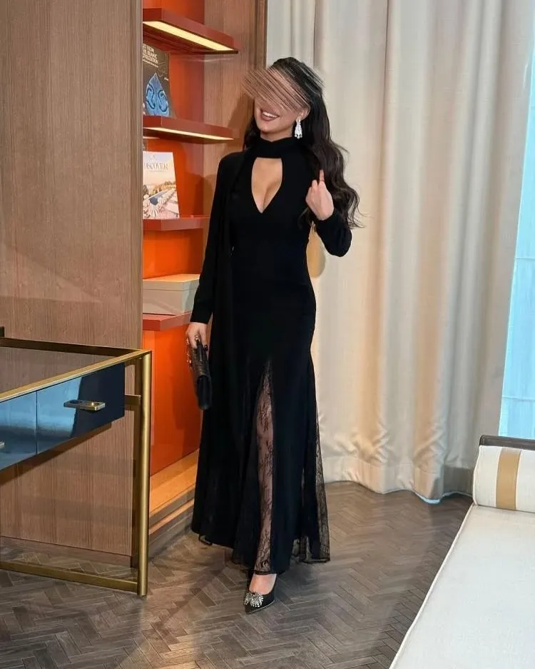 

Customized Black Long Sleeves Prom Dresses High Neck Ankle Length Pleated Lace Party Dresses Evening Dresses