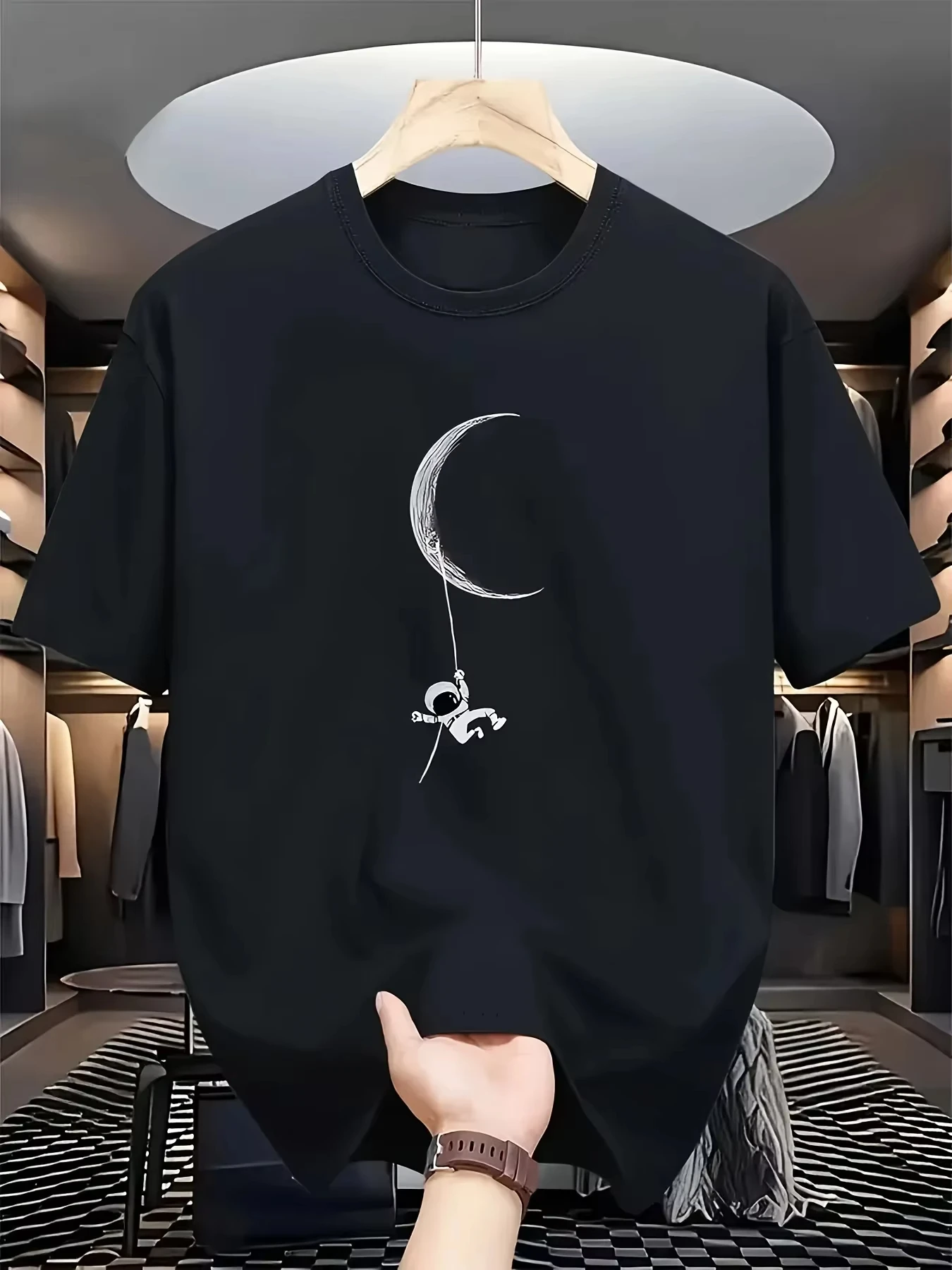 

Men's Summer 100% Cotton Fashionable Casual Loose Moon Astronaut Pattern Printed Sports Round Neck Short Sleeve T-shirt Top