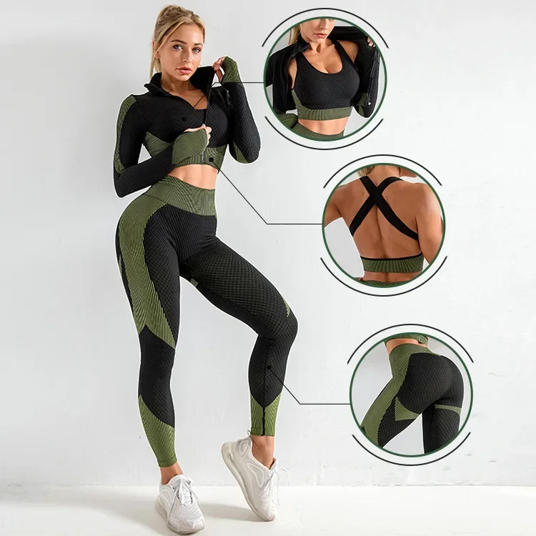 Seamless knitted yoga suit autumn and winter sexy hip lift fitness three-piece set