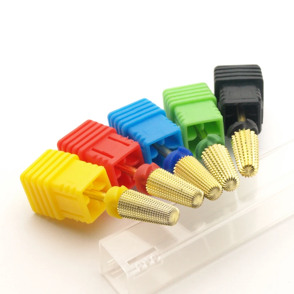 Brocas para uñas de carburo dorado de seguridad cónicas 5 en 1 con taladros cortados, fresa de carburo para manicura, accesorios para quitar uñas de Gel
