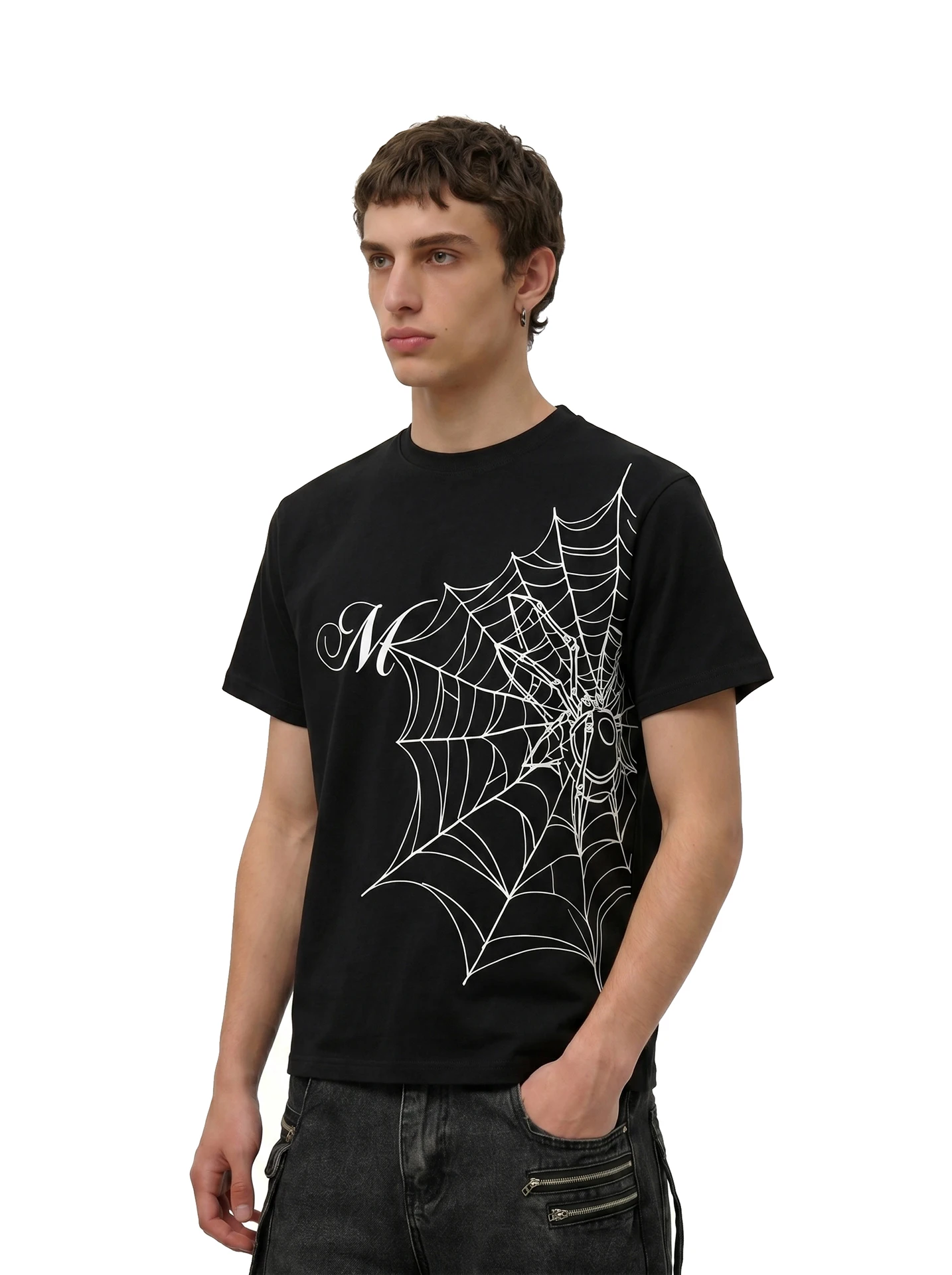 

BETEBULE American Retro Spider Web Print Short Sleeve Loose Men's T-shirt Summer High Street Trend Casual Breathable Top