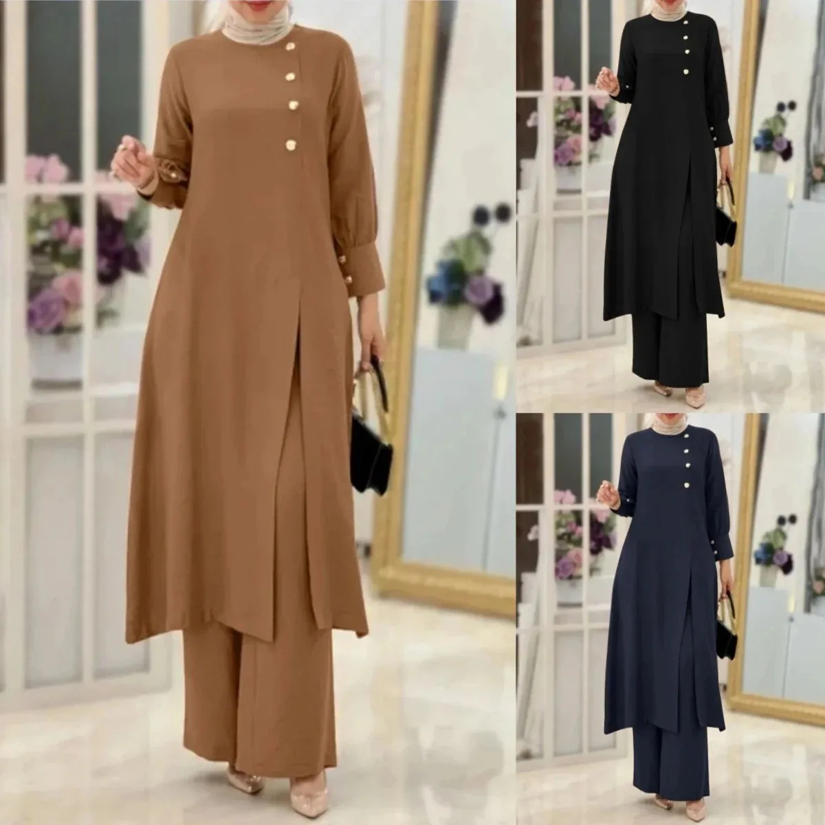 ปุ่มด้านข้างเสื้อกางเกงขากว้างชุดเจียมเนื้อเจียมตัวมุสลิม 2 ชิ้น Abaya ชุดธรรมดาแขนยาวดูไบ Eid ชุด PLUS ขนาดสูง Fit