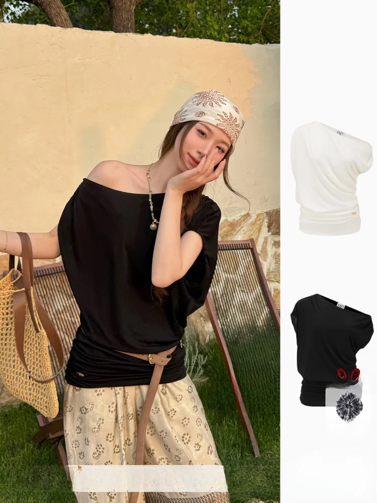 

Brand Irregular oulder Pleated T-irt Top DEARSOCUTE Hand-Pied Store Simple Casual Sle Pure Color Spring Wear