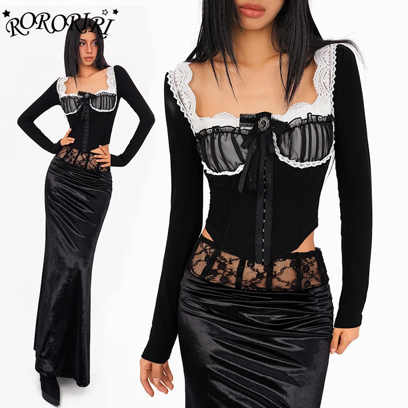 

RORORIRI Retro Black Hooks & Eyes Corset Top Women Stitch Bow Brooch Lace Trim Square Neck Long Sleeves Crop Top Goth Undershirt