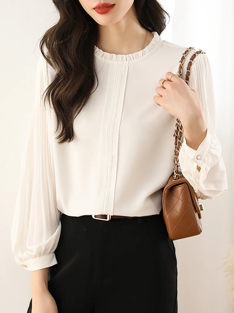 Women\'s Blouses And Shirts Chic Folds Long Puff Sleeve Fashion Women White Blouse 2024 Simplicity Office Lady Casual Tops Blusas