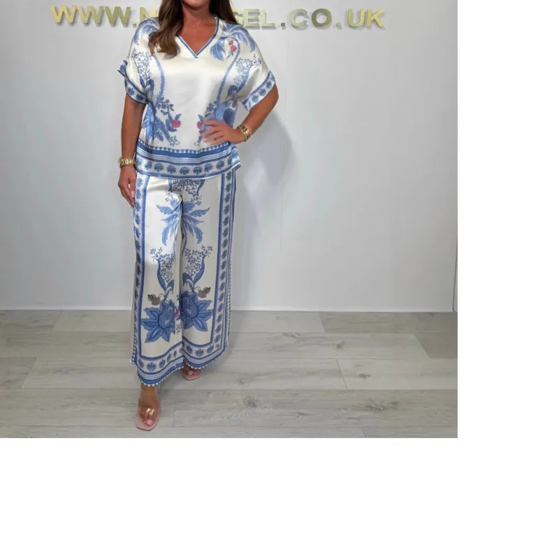 

New Fashion Printed Loose Casual Two-piece Set Women's Spring And Summer Short-sleeved V-neck Top Wide-leg Commuting Pants Sets