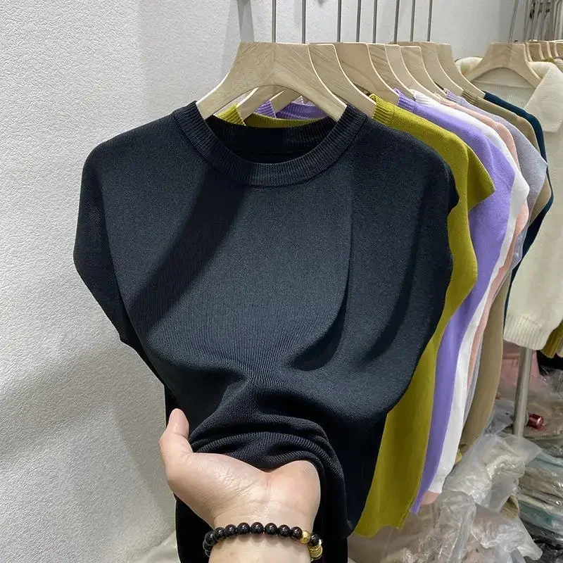 Klein Blue Elegant Blouses Summer O Neck Knitted Fashion Woman Blouse 2024 temperament Solid Color Oversized T-shirt Women