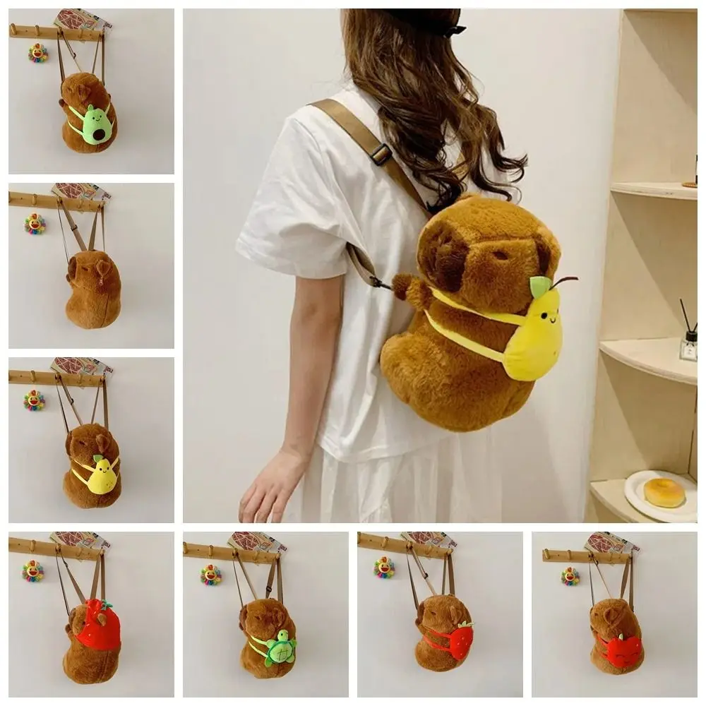 Soft Cartoon Capybara Backpack Strawberry Pear Capybara Crossbody Bag Fruit Korean Style Plush Animal Daypack Gift