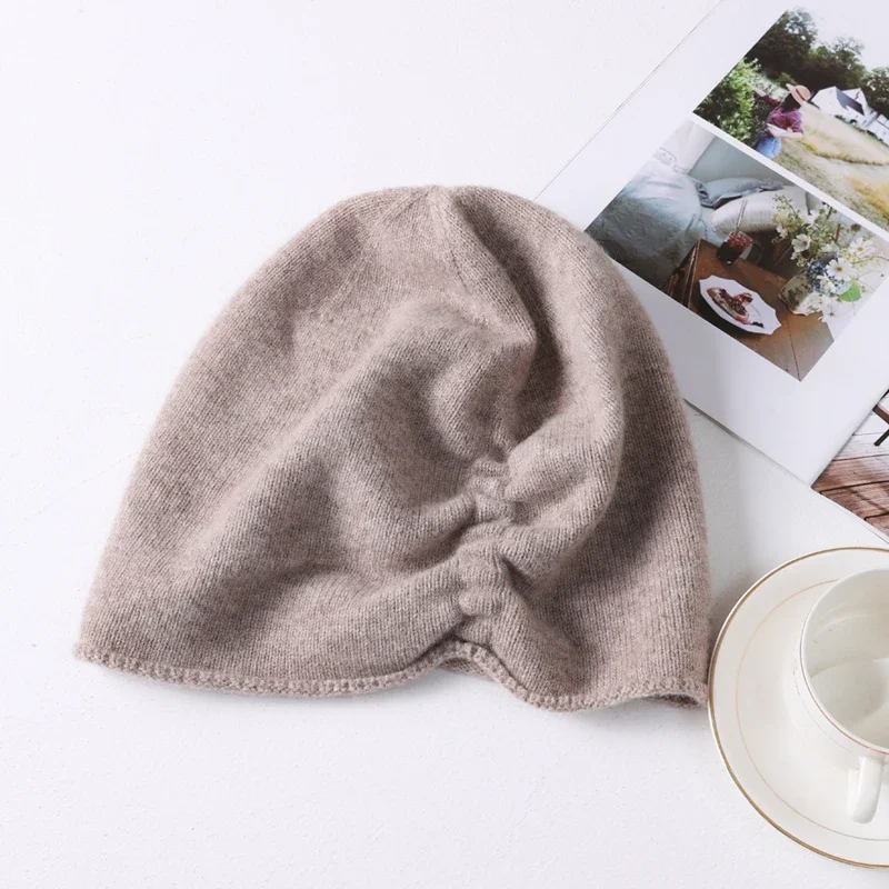 Women100%Wool Solid Knit Slouchy Beanie Hat Elegant Ruched Pull On Bonnet Autumn Winter Thermal Warm Daily Wear Headwear Cap Men