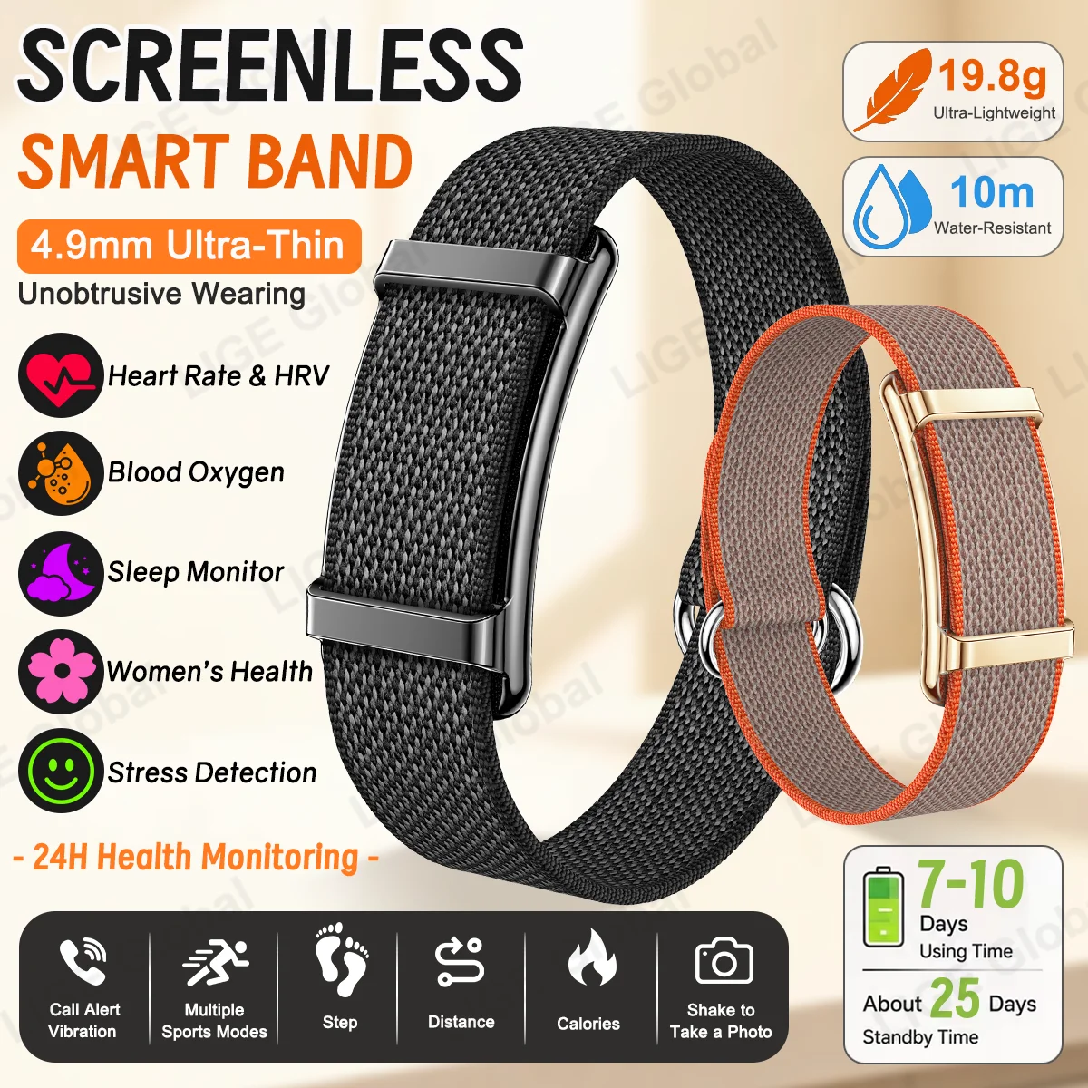 LIGE Ultra-thin Sport Smart Bracelet Call Alert Fitness Tracker Heart Rate Stress SpO2 Sleep Health Monitor No Screen Smartwatch