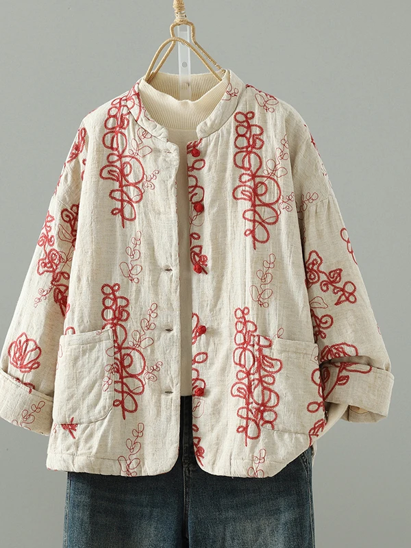 Thickened Embroidered 3D Linen Jacket Cotton Coat Female Commute Style Loose Fit Winter Warm Long Sleeve Open Cardigan