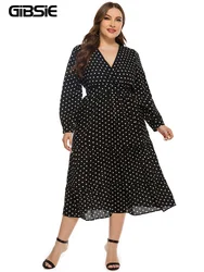 GIBSIE-Robe en mousseline de soie noire à manches longues pour femmes, robe élégante à pois, col en V, ourlet à volants, grande taille, XXXL, 4XL, 5XL, automne, nouveau, 2024