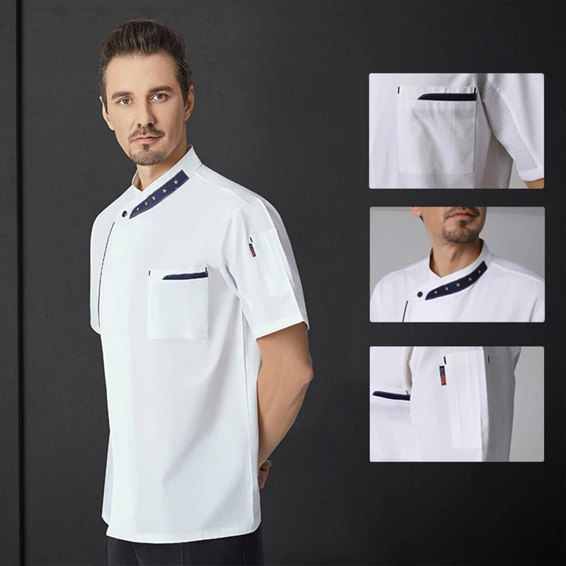 Chaqueta blanca de Chef de manga corta para hombre, ropa de trabajo de estilo chino de alta gama para Hotel, restaurantes, cocinas, uniforme de cocinero, cafetería y panadería