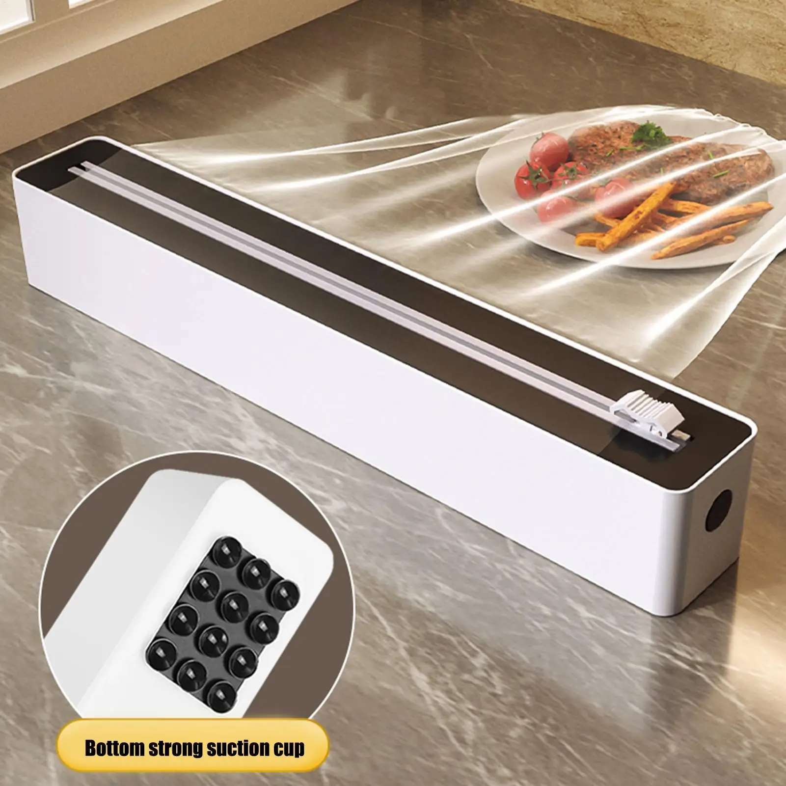Food Wrap Dispenser with Cutter Sturdy Suction Cup Base for Aluminum Foil Cling Film Wax Paper Kitchen Restaurant Storage Box ﻿
