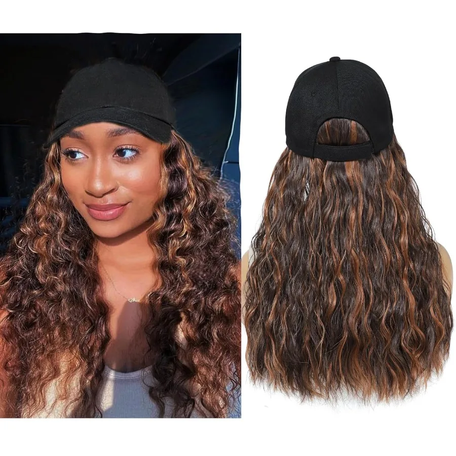 وصلات شعر مجعد صناعية مقاومة للحرارة مرفقة بقبعة بيسبول قابلة للتعديل للنساء والفتيات شعر مموج أنيق