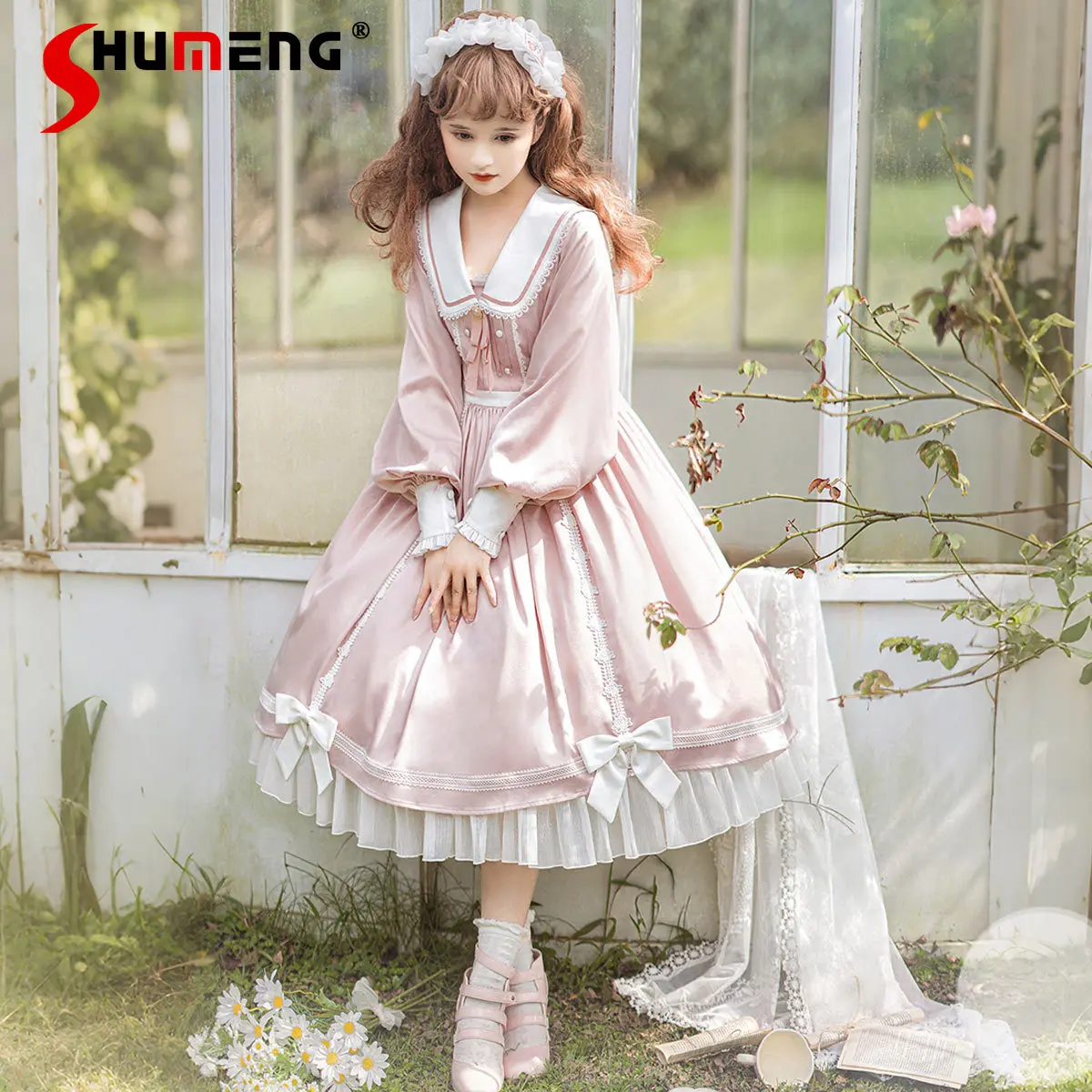 

French Elegant Lolita Dress Autumn Girl's Women Sweet Cute Bow High Waist Slim Long Sleeve Dress OP Cla Princess Tea Party Dress