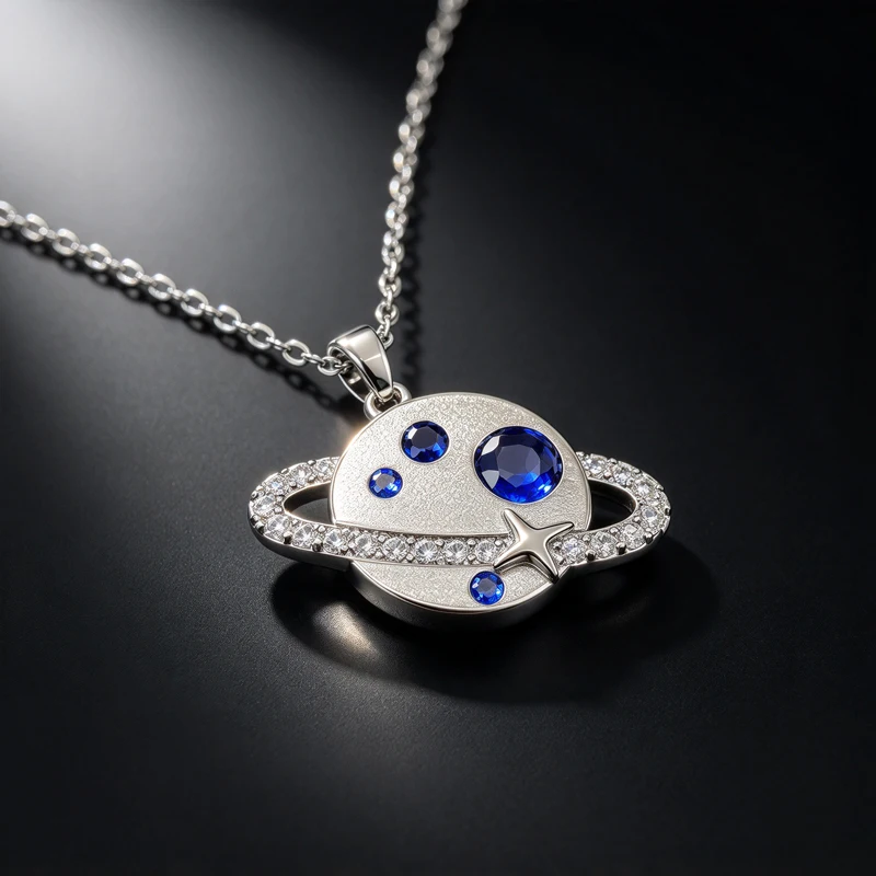 Whimsical Silver Brass Necklace, Blue Zircon Saturn Pendant, unique high quality jewelry for outing, date & lovely gift