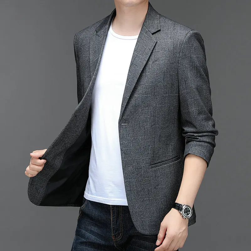 

Timeless Style Men Gray Plaid Blazers Slim Fit Suit Coats Male Business Casual Office Outfits For All Occasions Everyday Wear