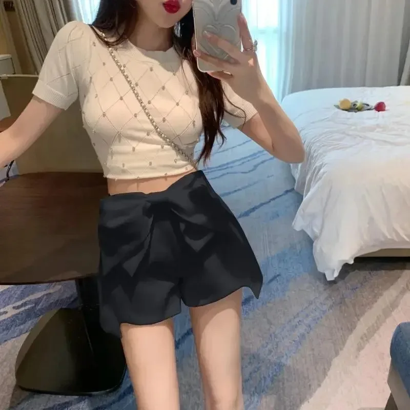 Korean Temperament Bow High Waisted Irregular Wide Leg Shorts Women Fashion Casual Solid Slim College Sweet Summer Female Wear