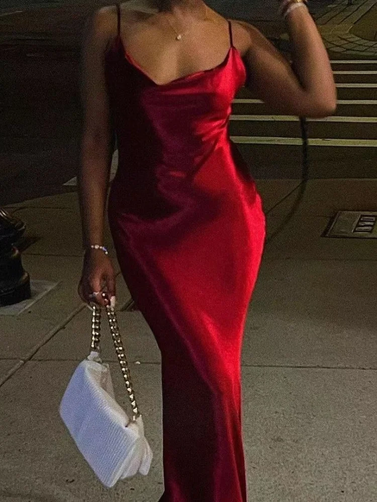 Sólido cetim estilingue maxi vestidos femininos moda elegante sem mangas fora do ombro sem costas vestidos de cintura alta 2025 senhora roupões de festa