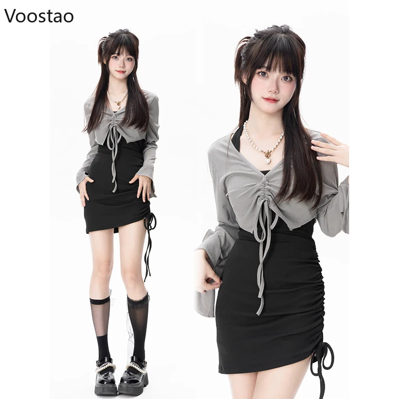 Women Dress Sexy 2 Piece Sets Strap Vintage Dresses Elegant Long Sleeve Tops Blouse Female Shirts Outfits New Korean Autumn 2023