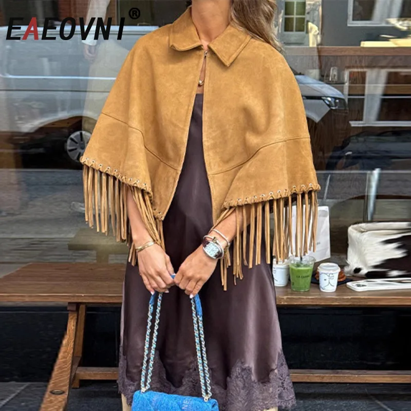 

EAEOVNI Fashion Tassel Design Shawl Coat Women Brown Autumn Winter New Loose Lapel Short Jacket Streetwear Clothing