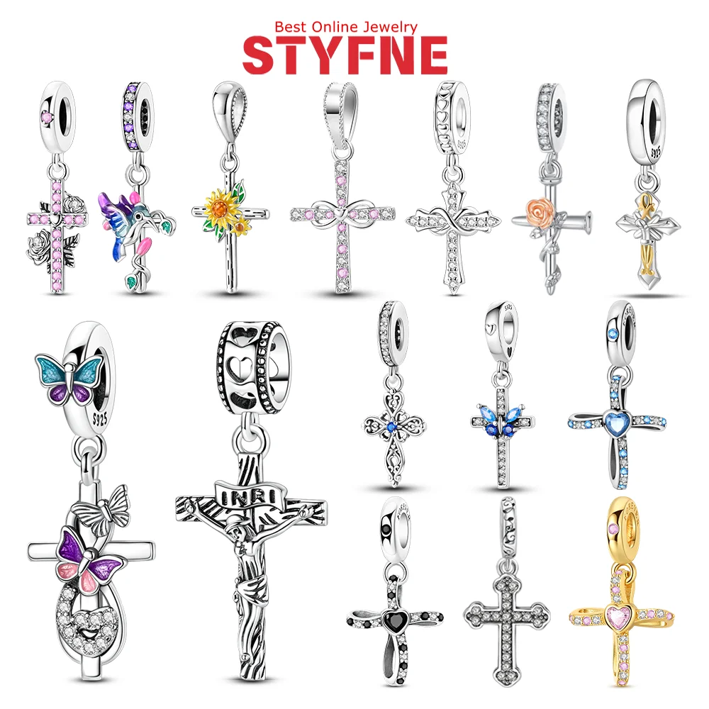 

Подвески в форме креста, серебро 925, розовый циркон, розовый крест, бусины, крест-бабочка, кулон, подходит для ожерелья, браслета, подарки, женские ювелирные изделия