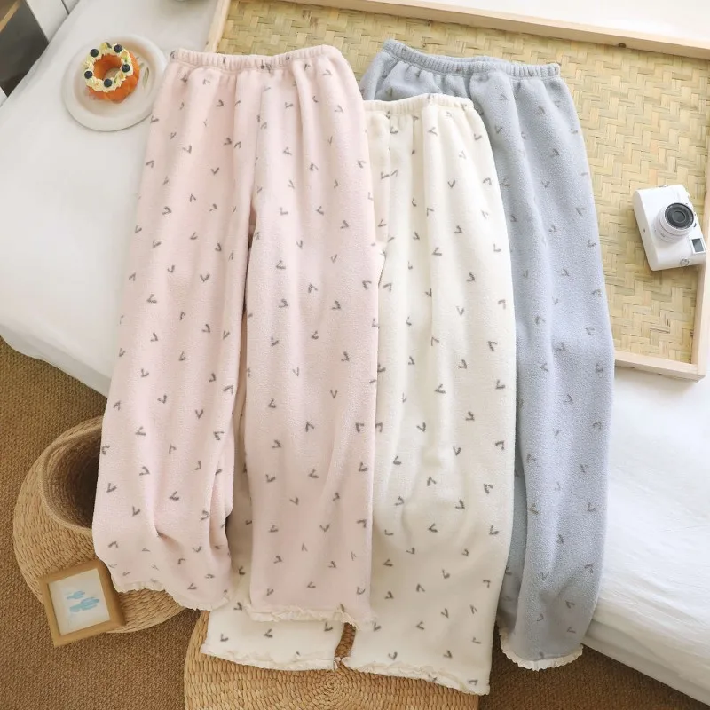 Lace Trim Snowfluff Flannel Pajama Pants for Women Autumn Winter Thickened Flannel with Side Pockets Loungewear Pajama Pants