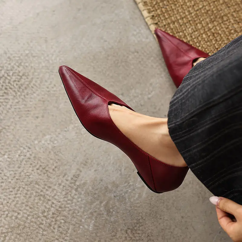 Women's Cow Leather Pointed Toe 2.5cm Square Heel Low Heel Slip-on Pumps Elegant Ladies Fashion Daily Slim Dress Heeled Shoes