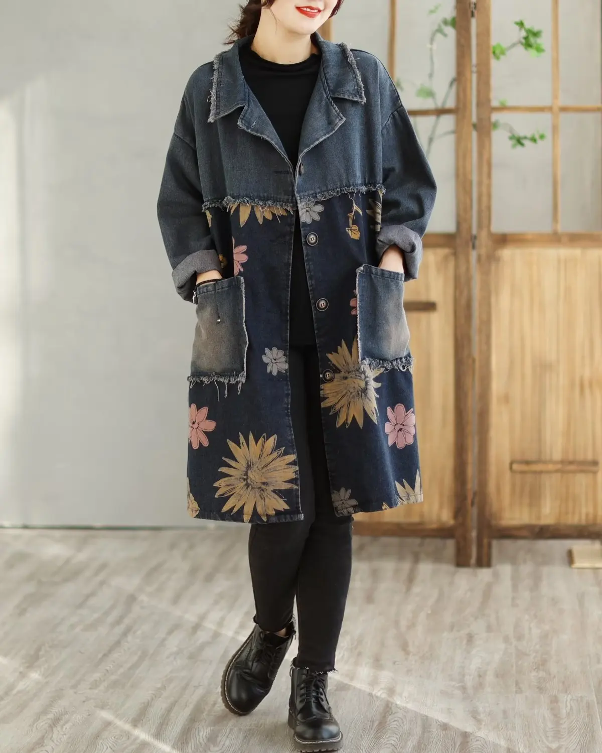 

Весенняя уличная одежда, винтажные свободные повседневные джинсовые пальто с цветочным принтом, женская однобортная одежда с длинным отложным воротником JJ907