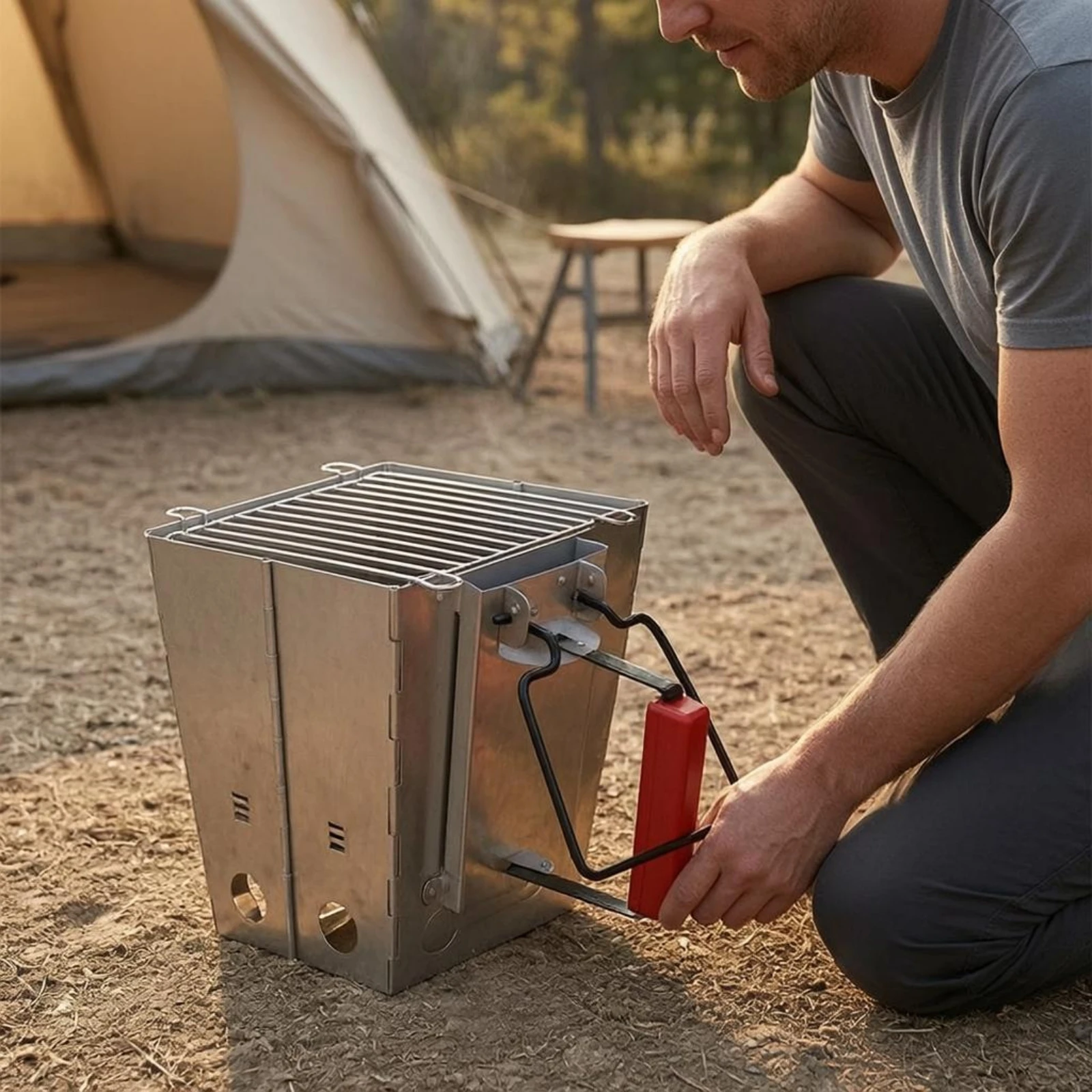 Charcoal Fire Starter Furnace Steel Foldable Charcoal Chimney Starter Outdoor Cooking Gear Heat-Resistant Grip Compact