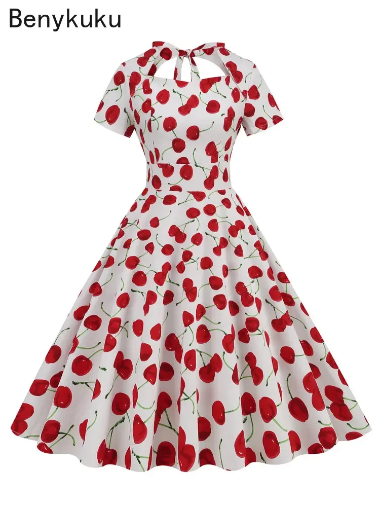 Tie Back High Wasit Cherry Print Vintage Summer Dresses for Women Sweetheart Neck Short Sleeve Backless Cotton Pinup Swing Dress