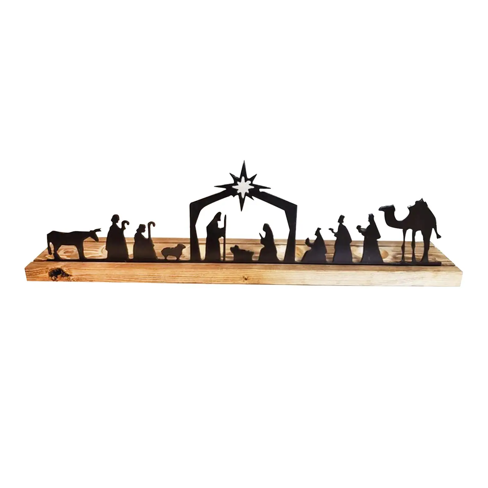 Metal Nativity Scene Sets Catholic Gifts with Wooden Base Religious Figure Collection for Office Living Room Table Decor