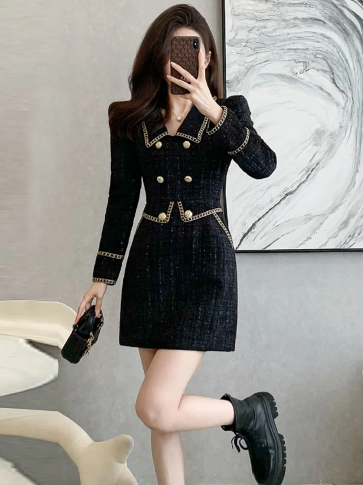 Vestido F E Estilo Hepburn Preto com Saia Godê de Cintura Alta em Tecido de Poliéster Manga Longa Curto para Ou...