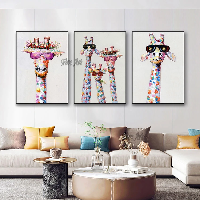 

100% Handmade Colorful And Lovely Giraffe Animal Oil Painting 3 Panel Canvas Art Kids Room Decoration Pictures Frameless