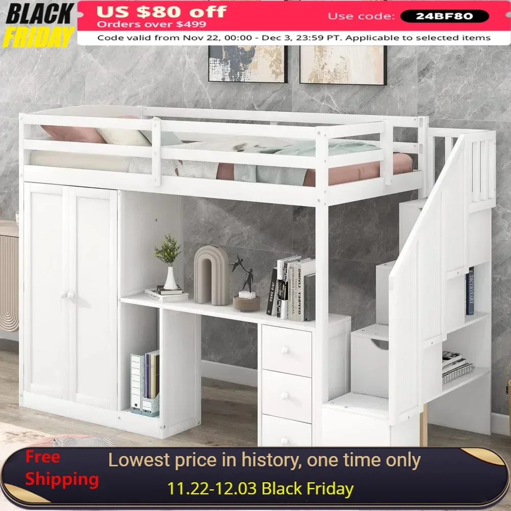 

Loft Bed ,with Wardrobe,6 Storage Staircase, 3 Drawers and Cabinet, Twin Size Loft Beds for Family, Teens, Wood Bunk Bed Frame