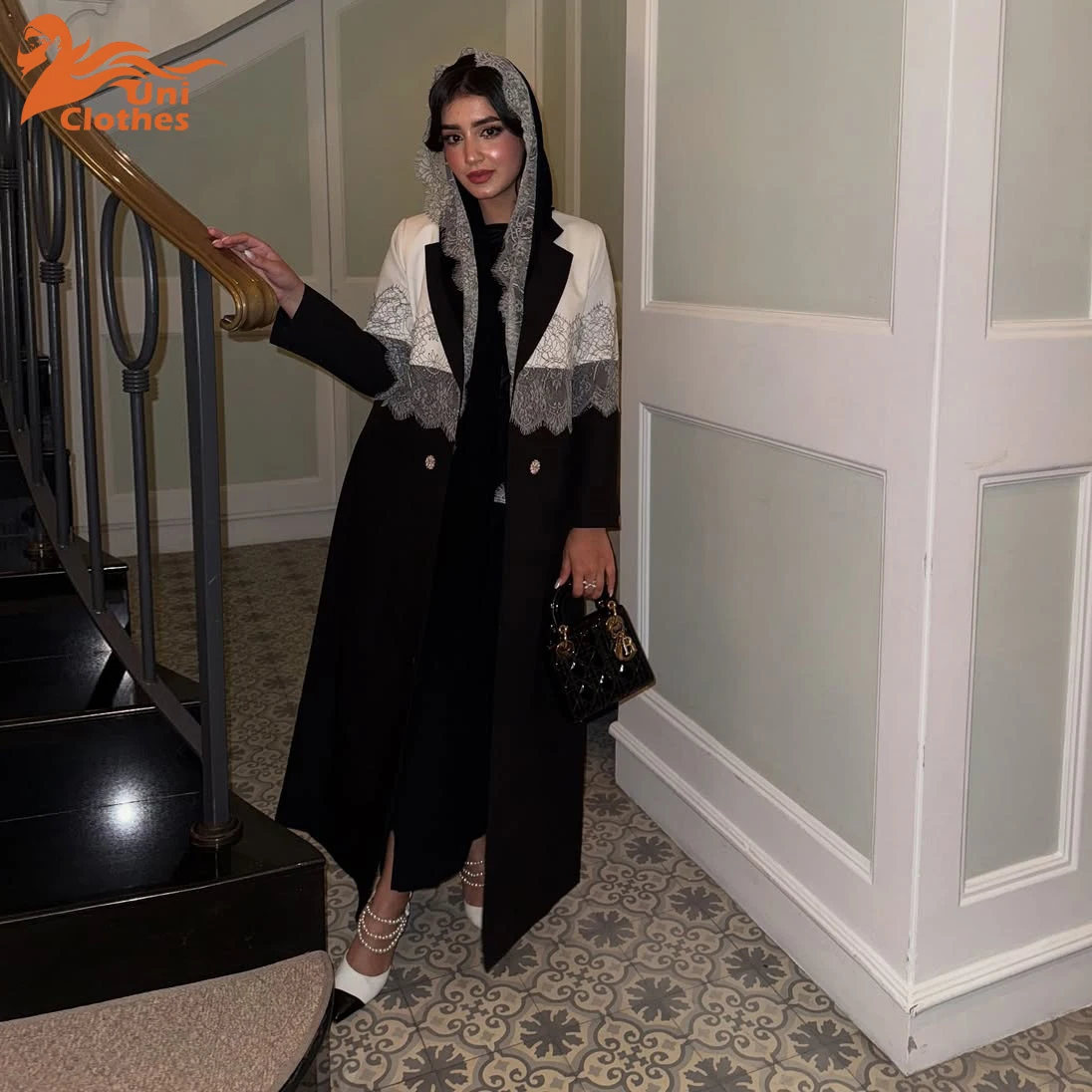 

UNI, скромное новое пальто на Ближнем Востоке, кружевной лоскутный шарф, халат с лацканами, открытая Абая с хиджабом, женская одежда, 2026 кимоно
