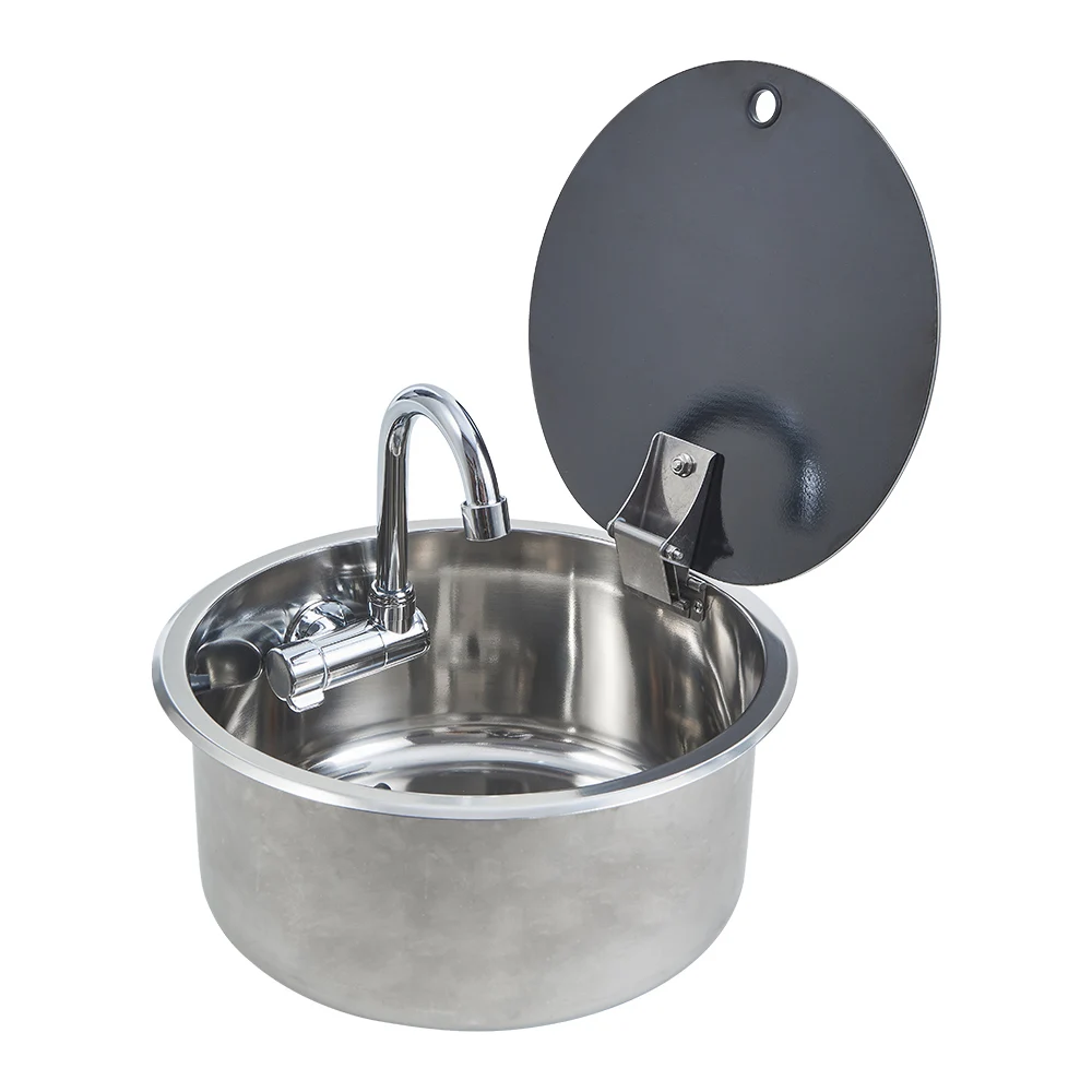 RV Camper RV Sink Single Hand Wash Basin Sink With Tempered Glass Lid 304 Stainless Steel For Caravan RV Boat Kitchen