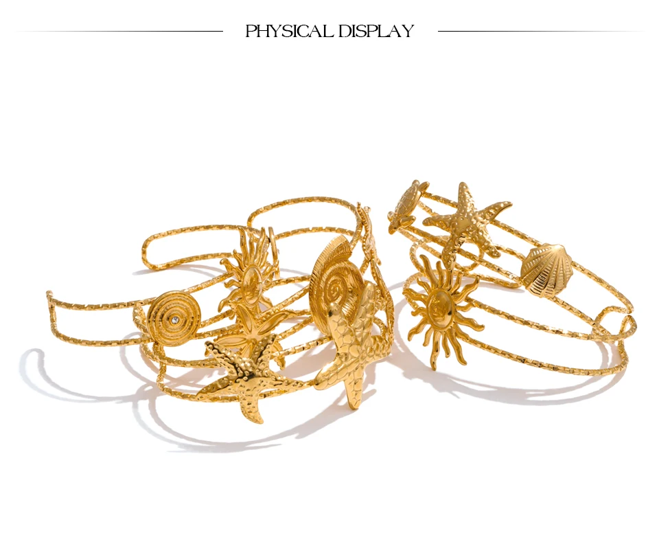 Yhpup Ocean Series Golden PVD Starfish Shell Sun Cuff Bracelet Open Wrist Jewelry Stainless Steel Bangle for Summer Holiday