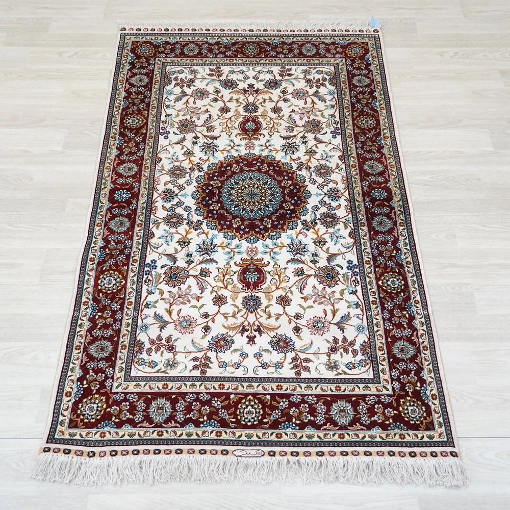 91x152cm Small Persian Silk Carpet Exquisite Medallion Hand Knotted Turkish Rug