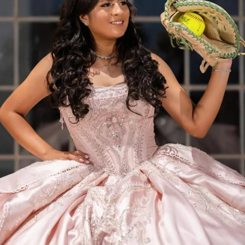 

Satin Pink Quinceanera Dress Crystal Glitter Decal off-shoulder layering Long tail Bow Vestidos De 15 Quinceanera ﻿Customize