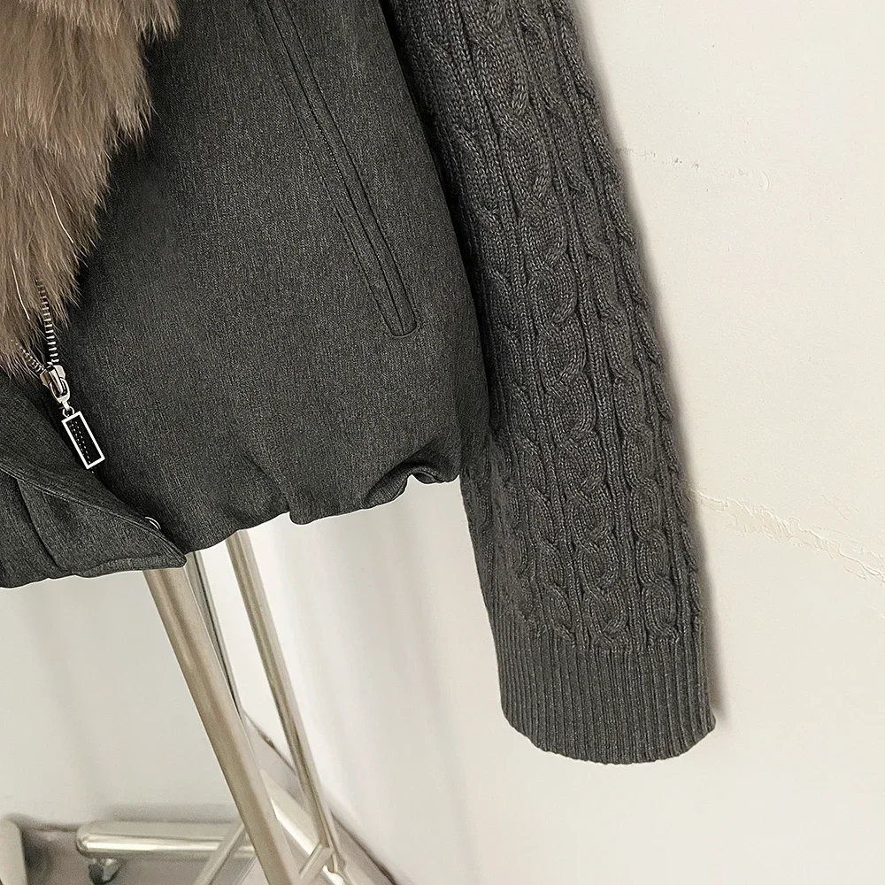 OFTBUY 90 White Duck Down Jacket Cable Knit Sleeve Zipper Drawstring Hem Cropped Coat Women Winter Real Layered Fox Fur Collar