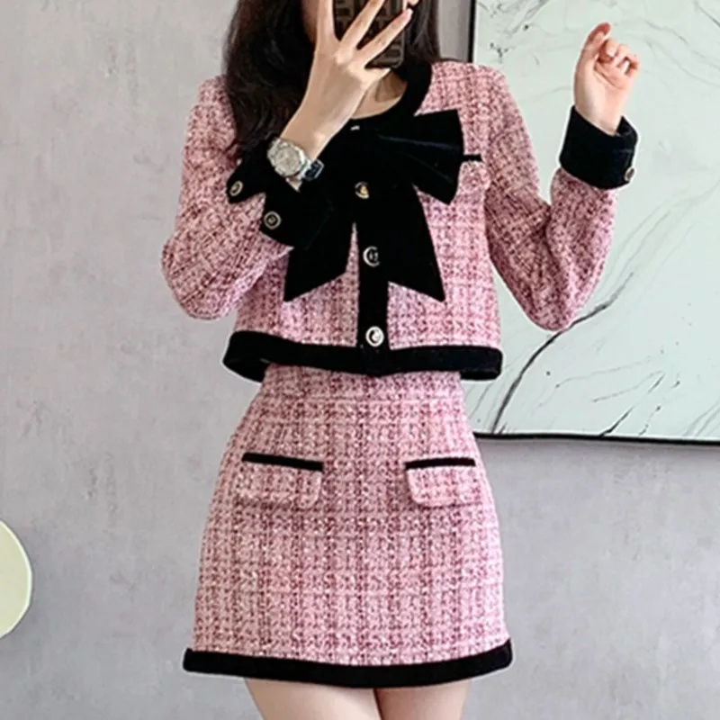 2024 Autumn Winter Tweed Two-Piece Skirt Set Women Short Jacket Coat + Mini Skirt Suits Elegant Korean Fashion Female Outfits